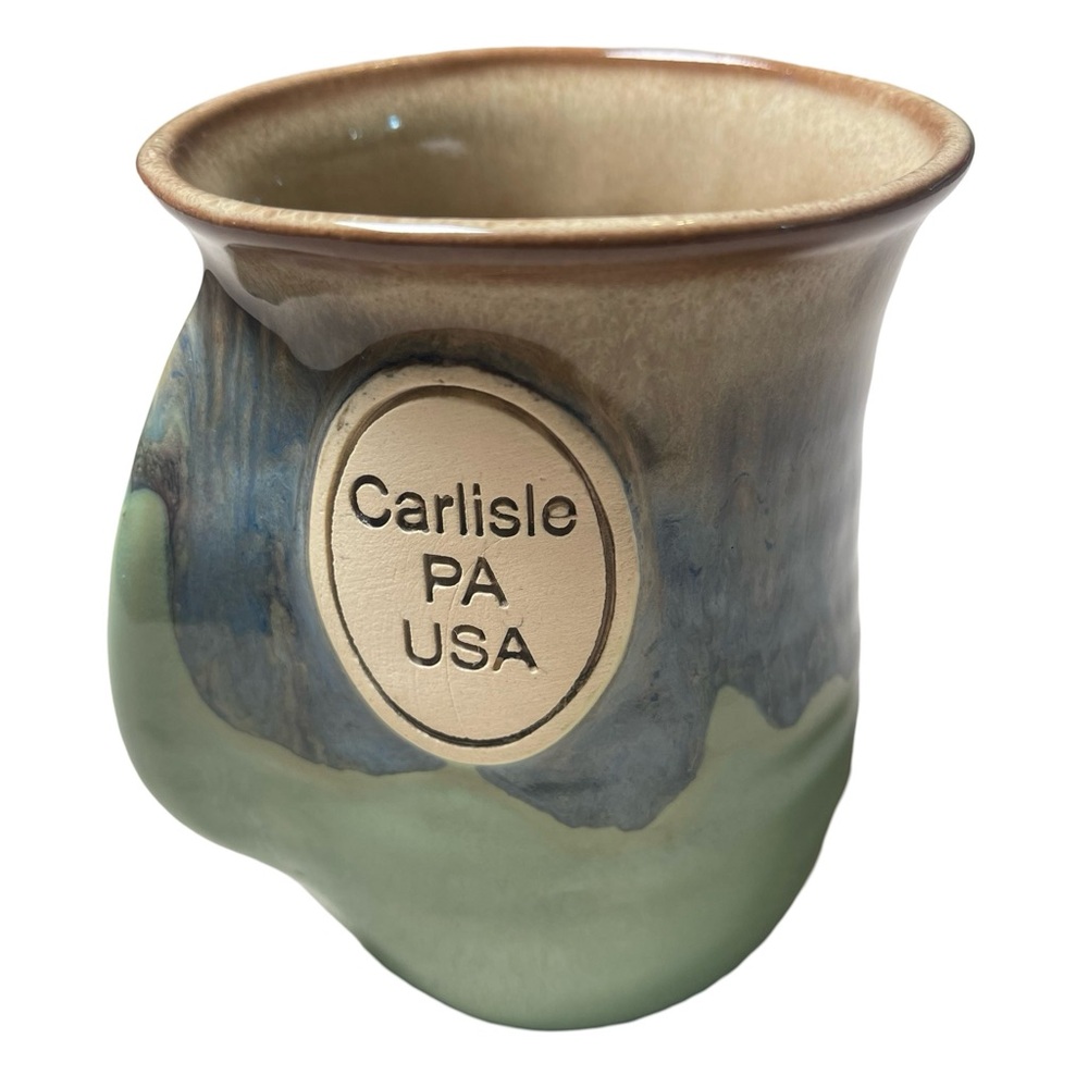 VTG. Neher Handwarmer Carlisle PA Coffee Mug Green with Blue Drip Glaze 2015